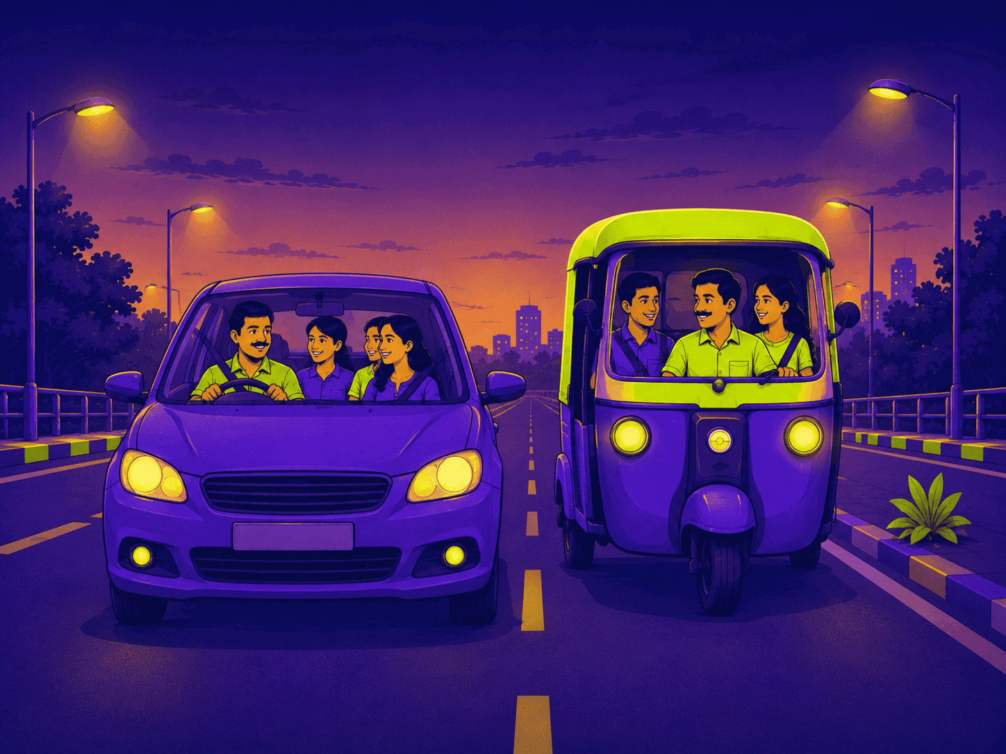 A purple car with four smiling commuters and a lime-and-violet auto with three riders, side by side on a Bengaluru road at dusk.