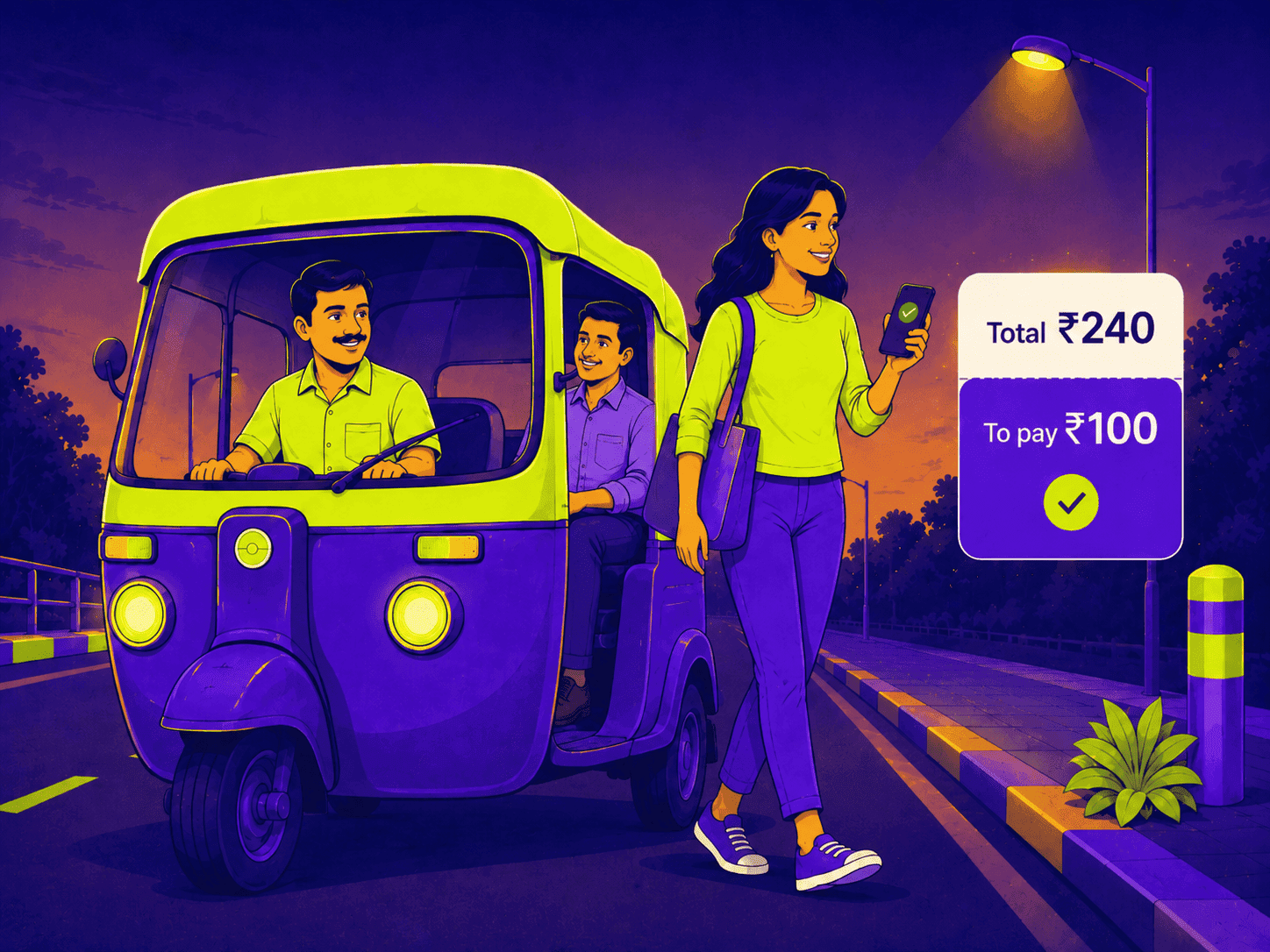 A commuter steps out of a shared auto and pays her ₹100 share of the ₹240 fare on her phone.
